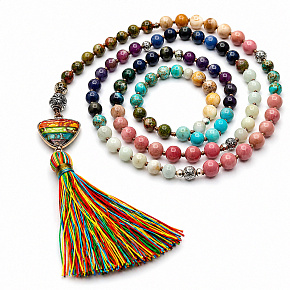 108 Mala 7 chakra necklace, meditation jewelry, natural stone, elastic, tassel 8 cm, bead 6+8 mm