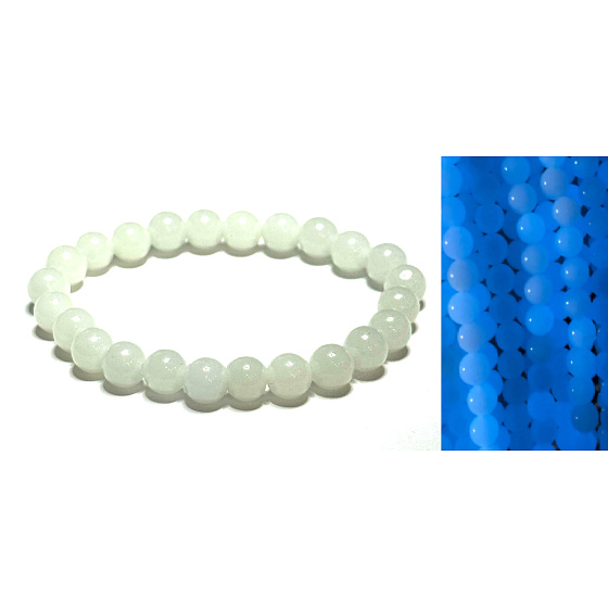 Jade Luminois Light Phosphorescent, blue glow in the dark, bracelet elastic natural stone, bead 8 mm / 16 - 17 cm
