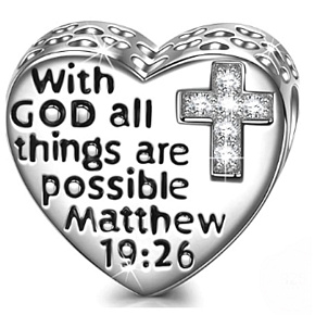 Sterling silver 925 Religious spells Matthew 19.26 with cubic zirconia cross, bead for bracelet