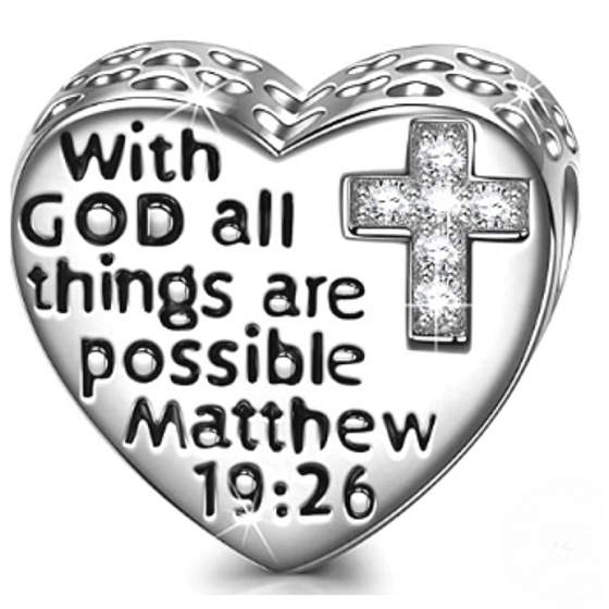 Sterling silver 925 Religious spells Matthew 19.26 with cubic zirconia cross, bead for bracelet
