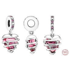Charm Sterling silver 925 Pink Murano glass heart, love bracelet pendant