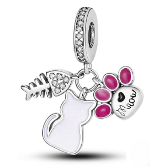Sterling silver 925 Cat, paw, fish - meow, 3in1 pendant for pet bracelet