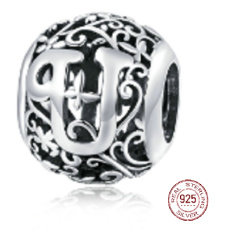 Sterling silver 925 Magic alphabet letter U with flowers, bead for bracelet