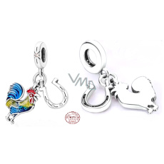 Charm Sterling Silver 925 Rooster and Horseshoe 2-in-1, Animal Bracelet Pendant