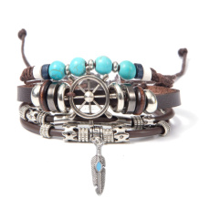 Leather multi-layer bracelet, symbol helm + feather, adjustable size Leather multi-layer bracelet, symbol helm + feather, adjustable size