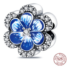 Sterling silver 925 Blue pansy + cubic zirconia, bead for bracelet nature