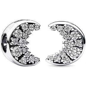 Charm Sterling silver 925 Sun and crescent with clear cubic zirconia, bead for bracelet universe