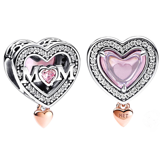 Charm Sterling silver 925 Mum - punched heart Mum, bead on bracelet family