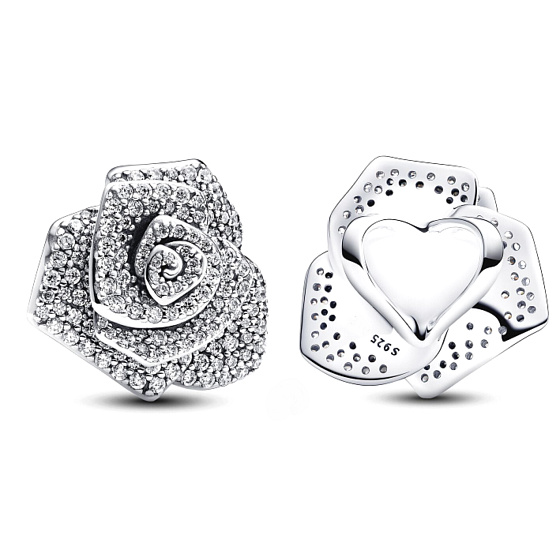 Charm Sterling silver 925 Rose in bloom large, bead on bracelet nature