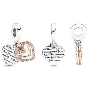 Sterling Silver 925 Rose Unconditional Love - intertwined heart, 2in1 love bracelet pendant