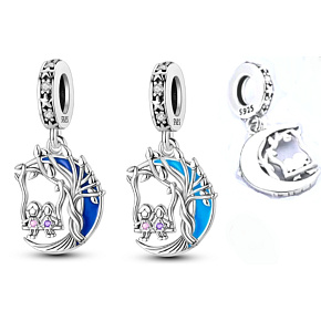 Charm Sterling Silver 925 Luminous - Family roots, two sisters and a crescent moon glowing in the dark, changing colors, family bracelet pendant