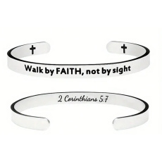Stainless steel bracelet silver with double-sided engraving We live by faith..., open cuff, 6 mm