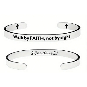 Stainless steel bracelet silver with double-sided engraving We live by faith..., open cuff, 6 mm Stainless steel bracelet silver with double-sided engraving We live by faith..., open cuff, 6 mm