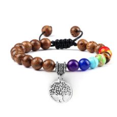 Chakra bracelet Tree of Life + Wood, hand knitted, adjustable size, ball 8 mm