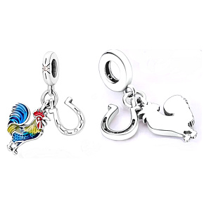 Charm Sterling Silver 925 Rooster and Horseshoe 2-in-1, Animal Bracelet Pendant