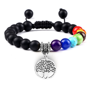 Chakra bracelet Tree of Life + Onyx, natural stone mat, hand knitted, adjustable size, 8 mm ball, life force stone