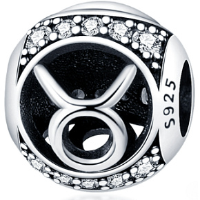 Taurus, zodiac sign, silver + cubic zirconia bracelet pendant, ball 9 mm 1 piece