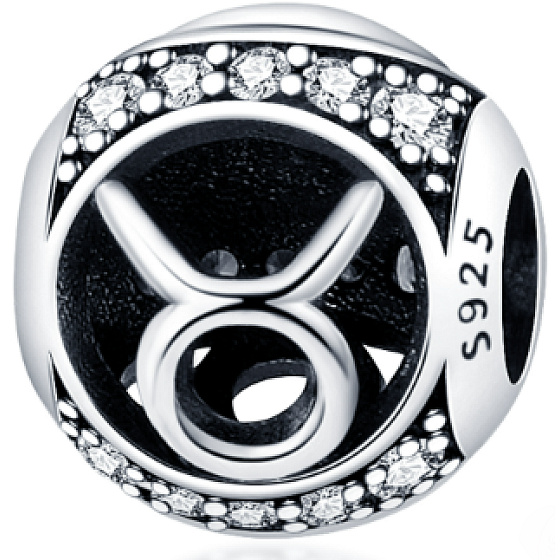 Taurus, zodiac sign, silver + cubic zirconia bracelet pendant, ball 9 mm 1 piece