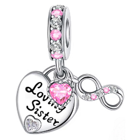 Charm Sterling Silver 925 Sisters Forever Double Heart and Infinity, 3-in-1 Love Bracelet Pendant