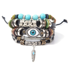 Leather multi-layer bracelet, blue eye symbol, feather adjustable size