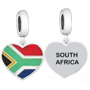 Charm Sterling Silver 925 South Africa Flag Heart - I Love South Africa, Travel Bracelet Pendant