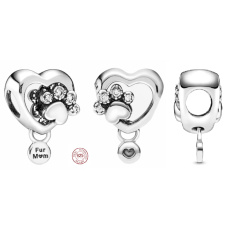 Charm Sterling silver 925 Paw and heart, bead on bracelet pet