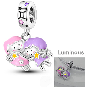 Sterling Silver 925 Luminous - Zodiac Sign Gemini, Bracelet Pendant
