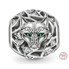 Charm Sterling Silver 925 Wolf, Green Eyes, Animal Bracelet Bead