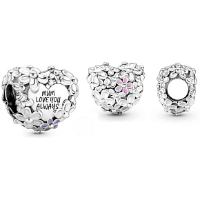 Charm Sterling silver 925 Heart with daisies for mom, bead on bracelet family