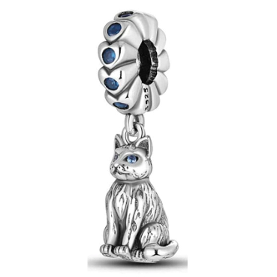Charm Sterling silver 925 Cat with beautiful blue eyes, animal bracelet pendant