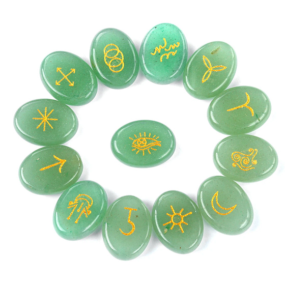 Green Aventurine Rune Alphabets Oval Natural Stone, 15 x 20 mm 13 pieces