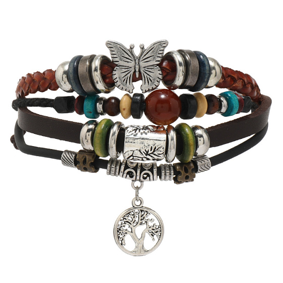 Leather multi-layer bracelet, symbol Tree of Life + butterfly, adjustable size