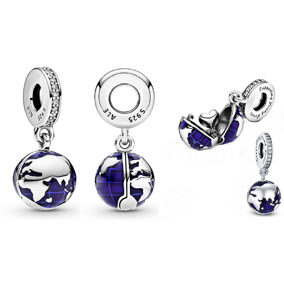 Charm Sterling Silver 925 Earth - Blue Planet, 2-in-1 Opening, Heart Inside, Bracelet Pendant Space