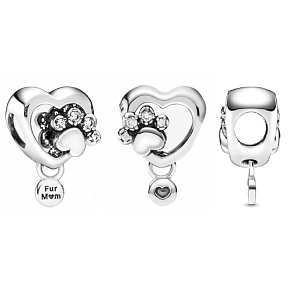Charm Sterling silver 925 Paw and heart, bead on bracelet pet