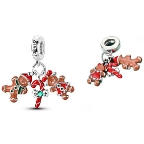 Charm Sterling Silver 925 Christmas Gingerbread 3-in-1, Bracelet Pendant Christmas