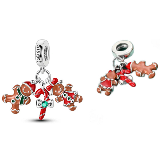 Charm Sterling Silver 925 Christmas Gingerbread 3-in-1, Bracelet Pendant Christmas