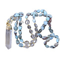 108 Mala Larimar necklace meditation jewelry, natural stone raw crystal, nugget 6 - 9 mm, pendant 8 - 15 x 45 - 70 mm