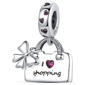 Charm Sterling silver 925 Chic style - handbag with bow - I love shopping, bracelet charm, interests