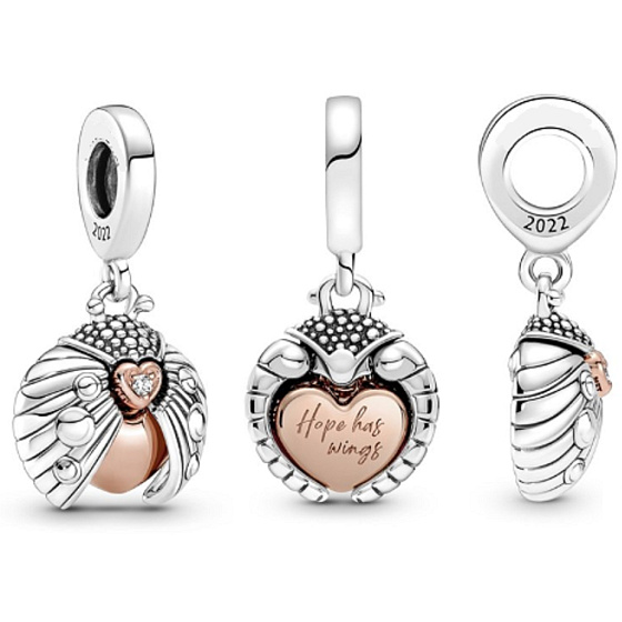 Charm Sterling silver 925 Ladybug and heart, animal bracelet pendant