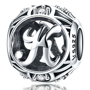 Sterling silver 925 Magic alphabet letter K with flowers, bead for bracelet