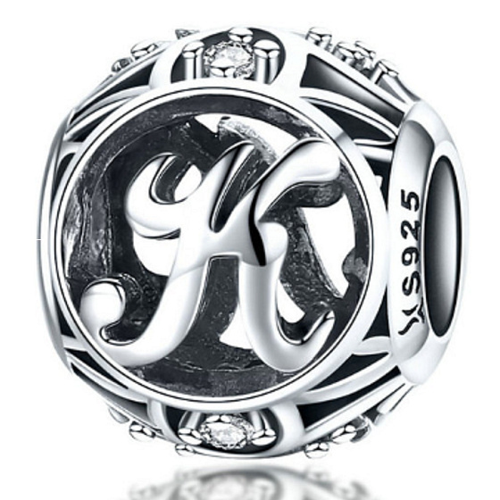 Sterling silver 925 Magic alphabet letter K with flowers, bead for bracelet