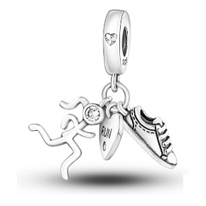 Sterling silver 925 Athlete - runner, sneakers, heart with cubic zirconia and engraved inscription: Run, 3in1 pendant on bracelet sport