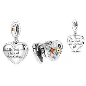 Sterling silver 925 You never know what you're going to get - heart shaped chocolate box, candy box, openable birthday bracelet pendant