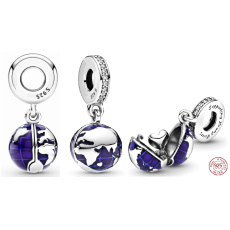 Charm Sterling Silver 925 Planet Earth - Blue Planet 2-in-1 Opening, Heart Inside, Travel Bracelet Pendant
