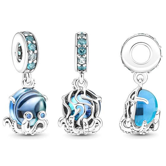 Charm Sterling Silver 925 Cute Murano Glass Octopus, Bracelet Pendant, Sea
