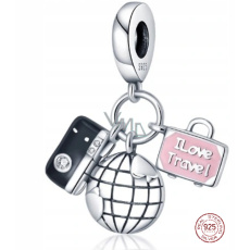 Charm Sterling silver 925 Earth globe, camera, pink suitcase 3in1, travel bracelet pendant