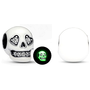 Sterling Silver 925 Luminous Glittering Skull Glow in the Dark, Halloween Bracelet Bead