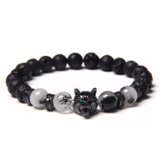 Lava + crystal + crystal with tourmaline + wolf head bracelet elastic natural stone, ball 8 mm / 21 cm
