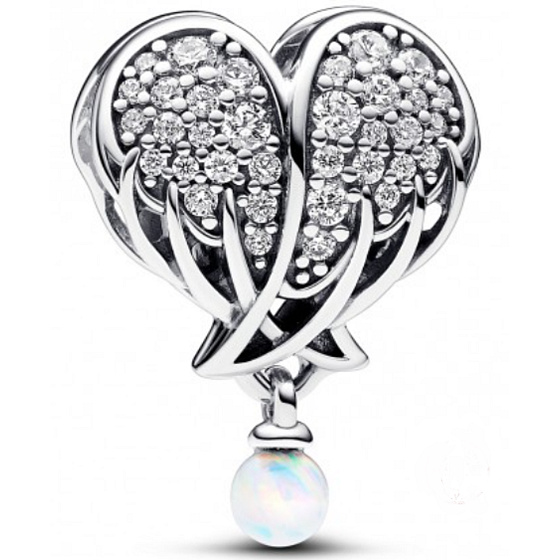 Charm Sterling silver 925 Sparkling angel wings as heart, bead on bracelet symbol