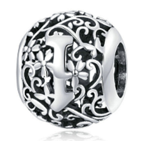 Sterling silver 925 Magic alphabet letter I with flowers, bead for bracelet